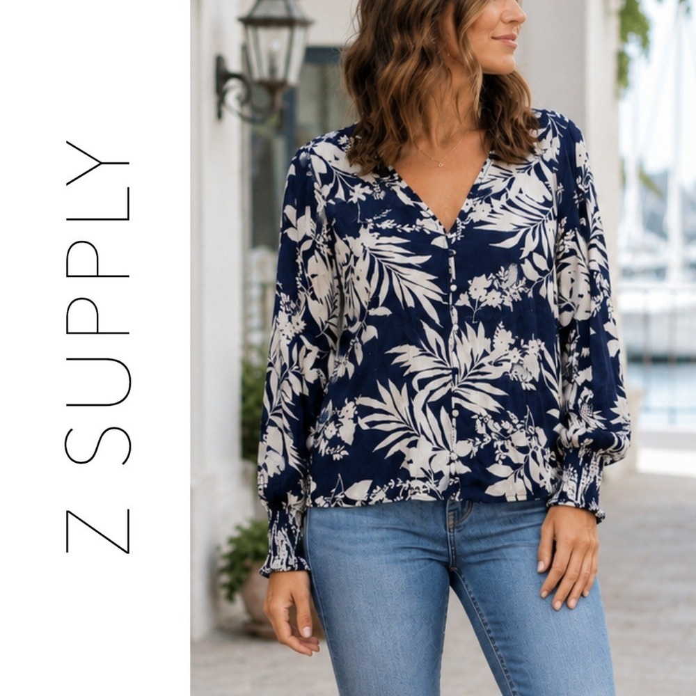 Z Supply, Navy Blue White Tropical Palm Floral Button Front Smocked Blouse Small